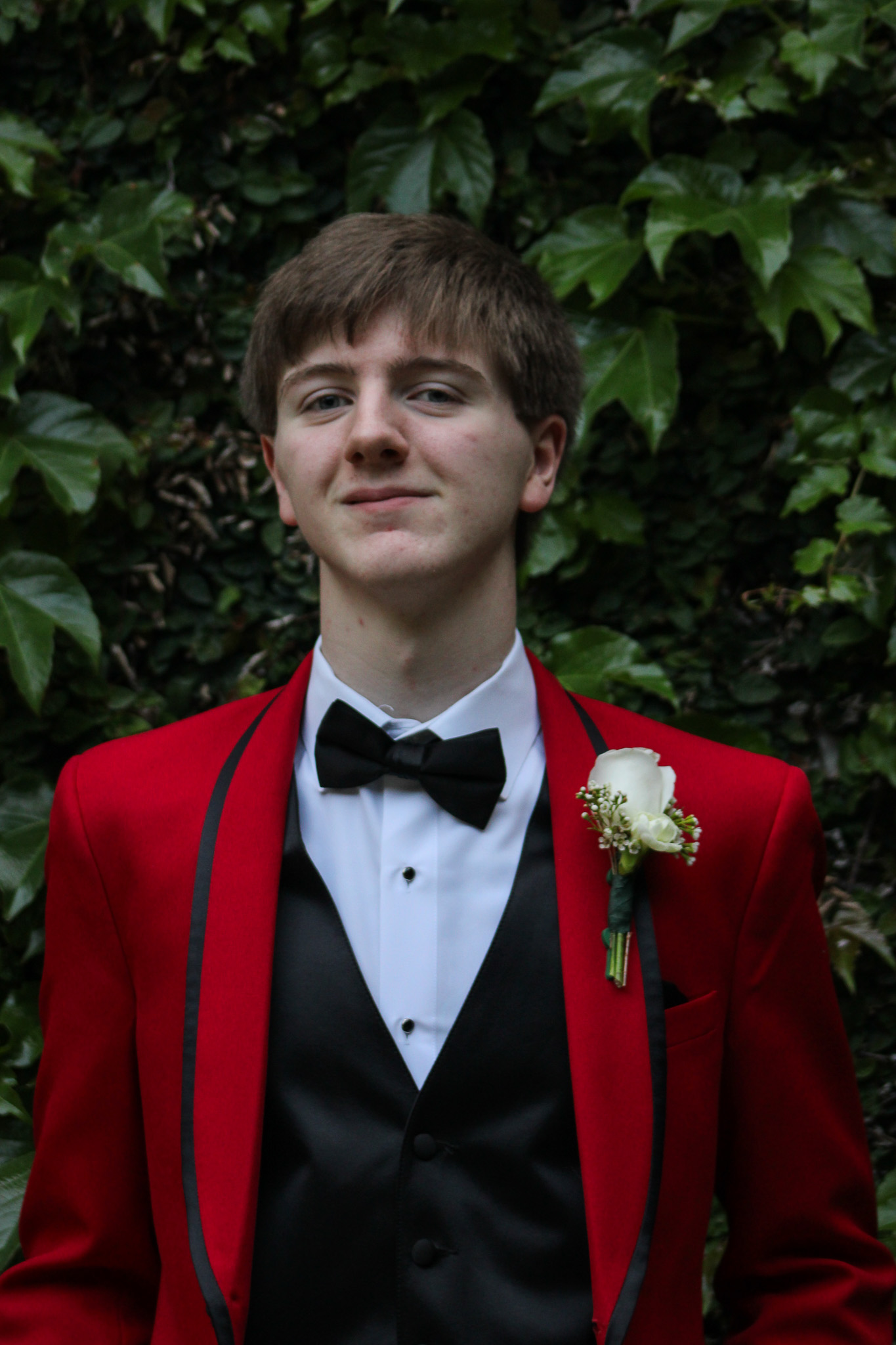 A portrait of a young man in a red suit. The background is green leaves.